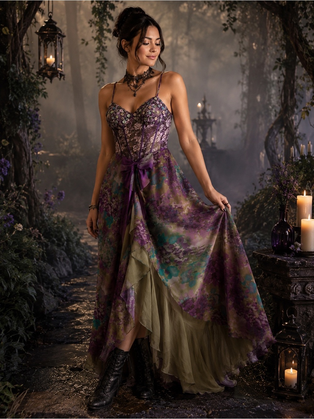 Floral Purple Maxi Dress with Bow Waist